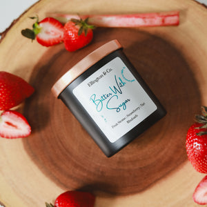 Strawberry and rhubarb scented soy candle from our Summer Collection